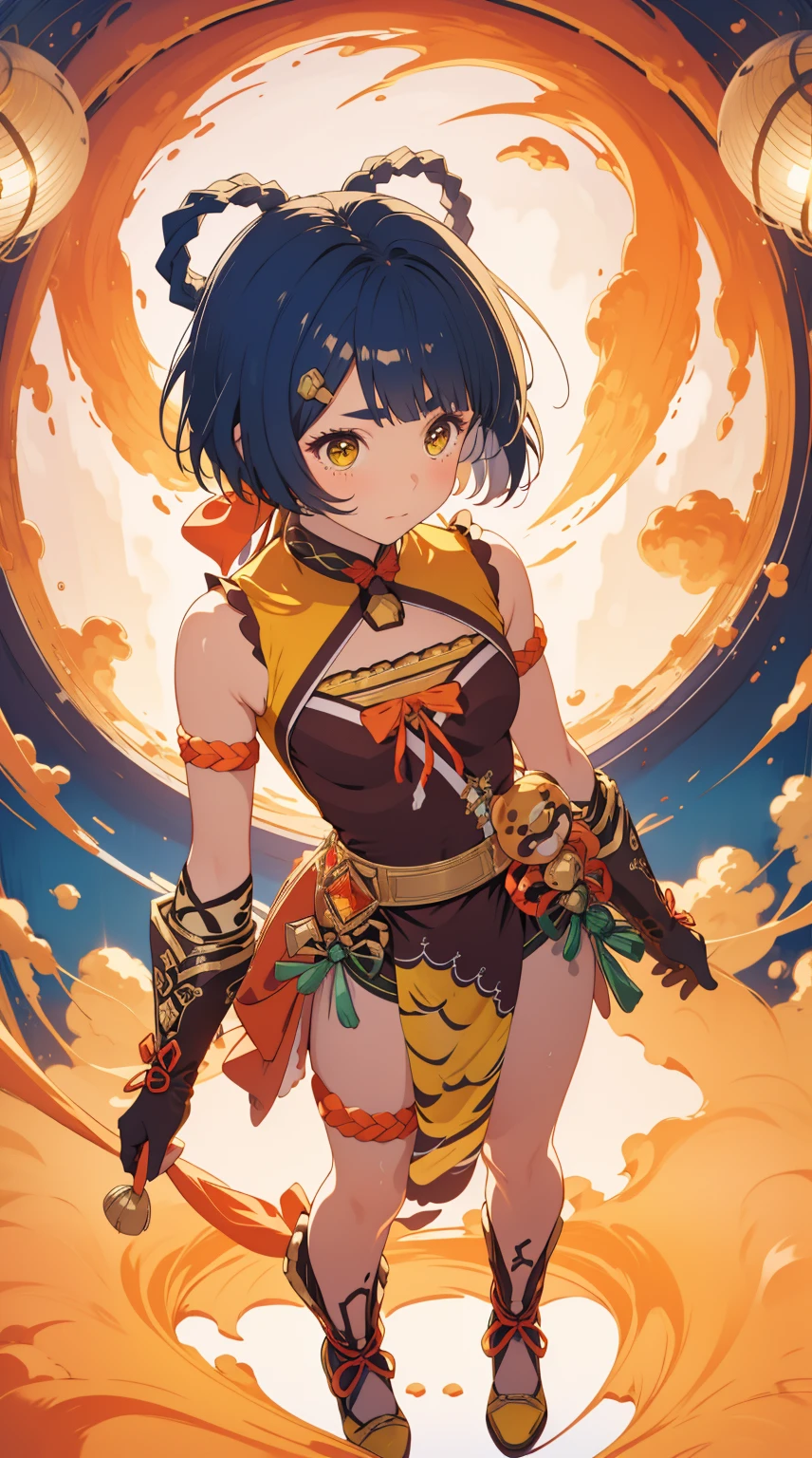 girl, solo, full body, from head to toe,

xiangling \(genshin impact\),1girl,blue hair,short hair,thick eyebrows,hairclip,hair rings, braid,yellow eyes,bow,glove,chinese clothes, sleeveless,bare shoulders, pelvic curtain,belt,