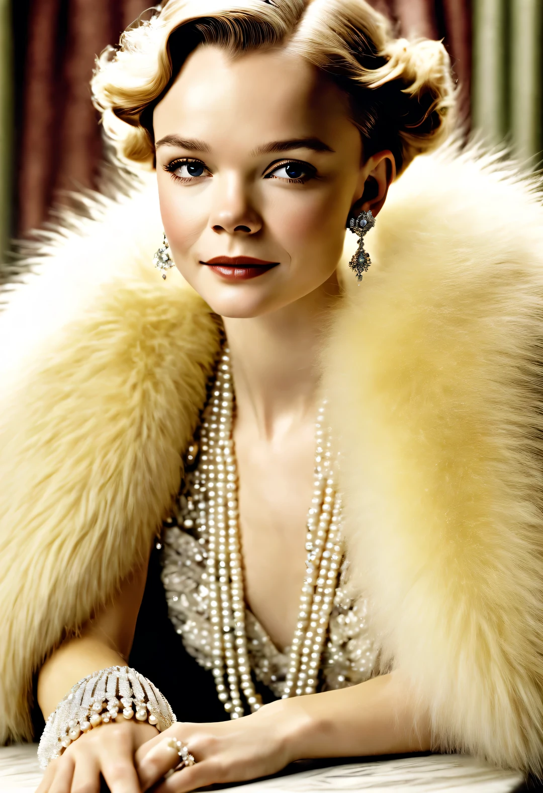 A close up of a woman wearing a fur coat and pearls - SeaArt AI