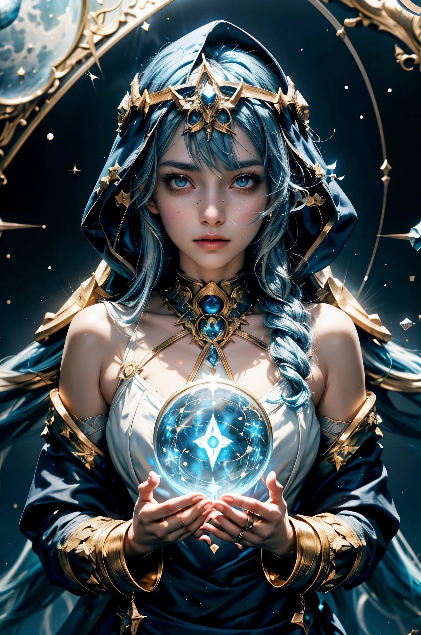 (1 girl solo, long flowy blue hair, yellow eyes, blue and white clothes, white leggings, blue hood, golden details and accessories, bare shoulders) ((portrait closeup shot, floating in space)) (masterpiece), (best quality:1.4), absurdres, [:intricate details:0.2], 1girl, Flowing robes, intricate magical circles, glowing map of the stars and constellations and galaxies, shimmering aura, intense focus, arcane incantations, crackling energy, levitating artifacts, flickering candles, swirling mist, sparkling stars, mystical crystals, glowing sigils, otherworldly chanting, mysterious symbols, powerful invocation, transcendent awareness, cinematic light, cinematic shot, dramatic shot, movie poster aestethic