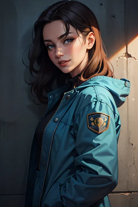 woman in blue jacket against wall, close-up of face, side light