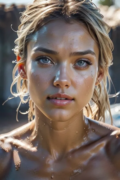 (4k, peefect light, cinematografic), Front Realistic image of  Jessica Alba, fit woman ,blond, detailed eyes, sweaty body, naked...
