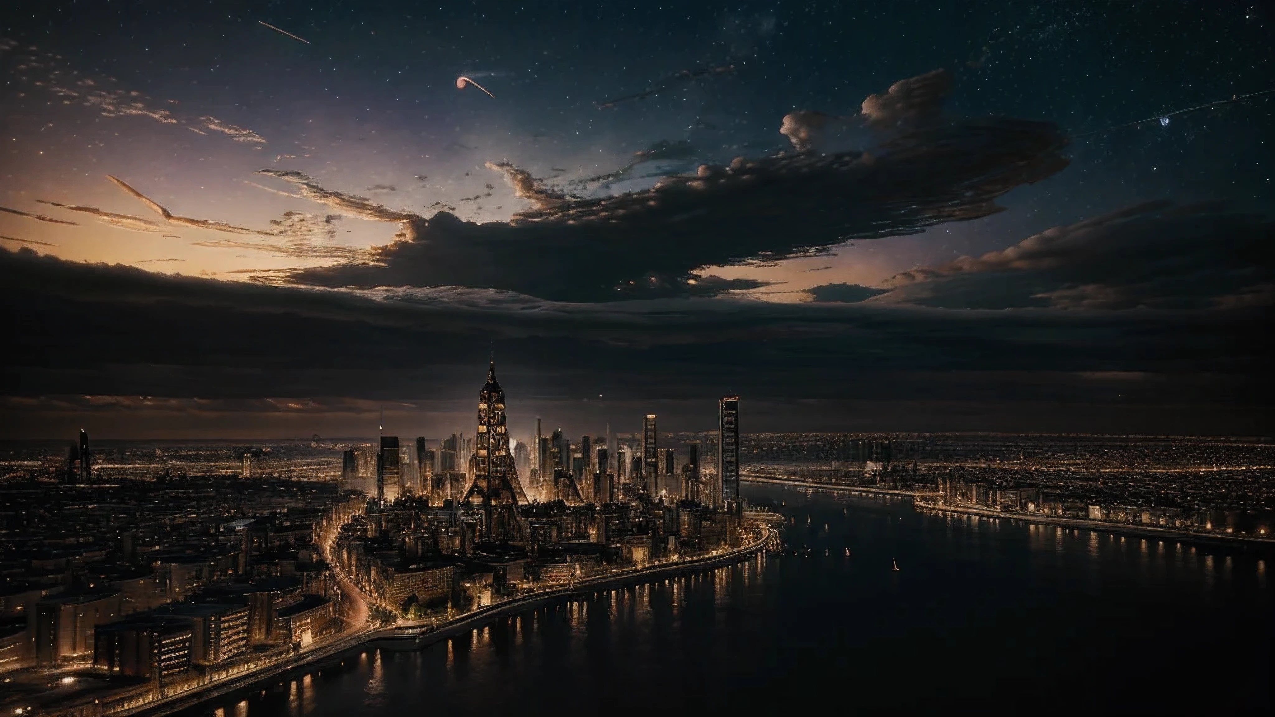 Exquisite and detailed city floating in the sky, summer sunset, steampunk design with starry night sky style, demonic apocalypse
