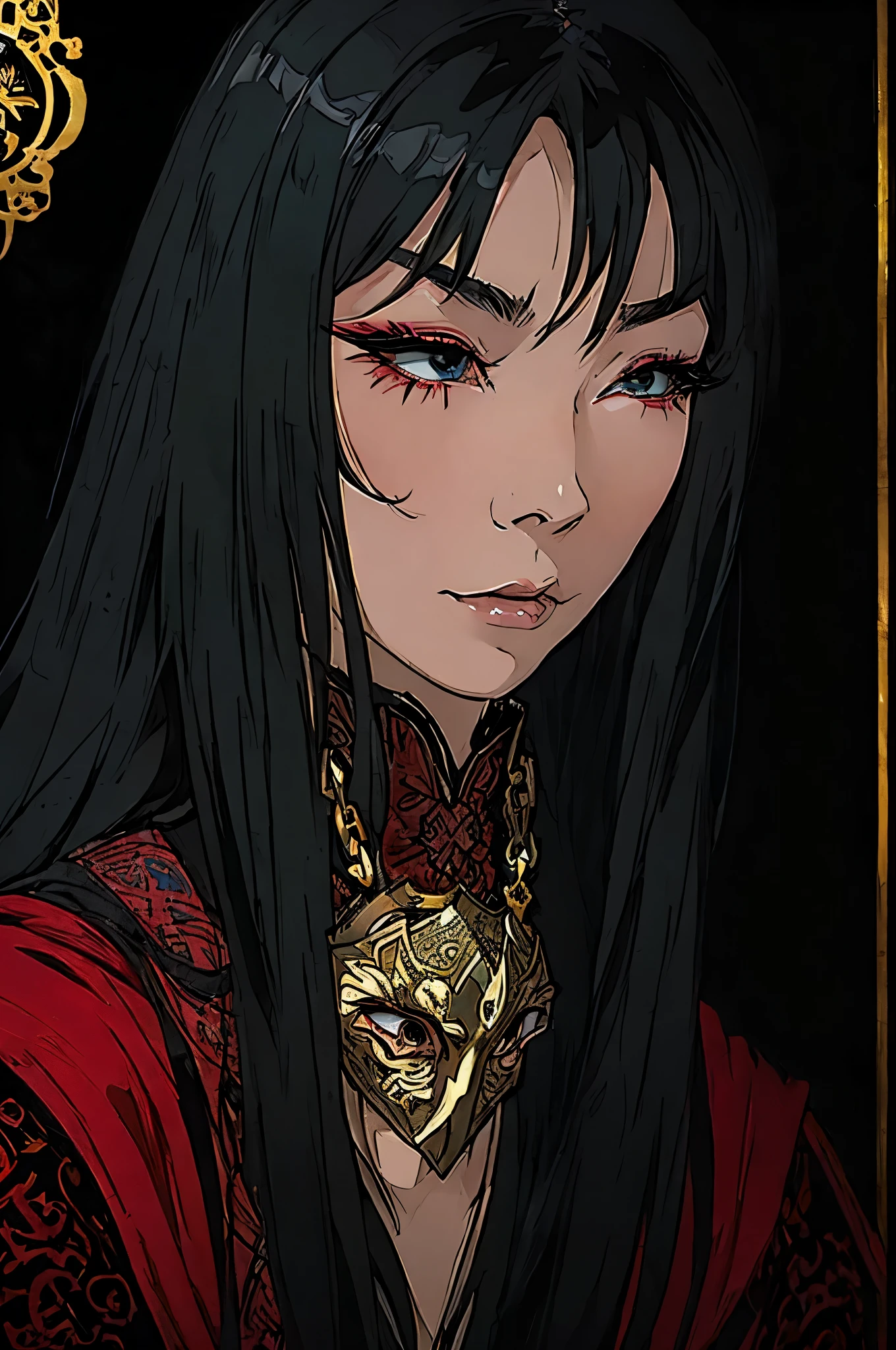 A close up of a woman with long black hair wearing a red dress - SeaArt AI