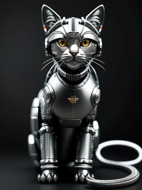 a cute kitten made out of metal, (cyborg:1.1), ([tail | detailed wire]:1.3), (intricate details), hdr, (intricate details, hyperdetailed:1.2), cinematic shot, vignette, centered,8k render,HDR,real materials ,