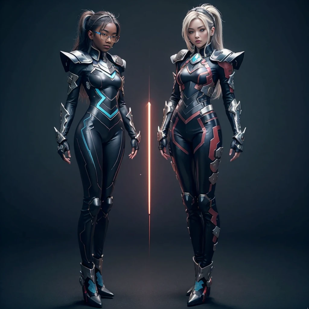 (((full body photo))) (((3girl))),  beautiful japanese young woman, wearing ninja armor, thick symmetrical features, very short hair, background is cherry blossoms, pink aura, red lips, octane render, (((concept Art))), (((One character))), Female, (((Dark Skin)))), Black Hair with Ponytail, Light Blue Eyes, Round Glasses with a Slightly Dark Lens with this Lens being Orange, and the Light Blue Color frame, ((Black Metallic Gauntlets and Greaves with silver and red Highlights)), (((The Clothes Have a Mix of Modern and Tribal))), (((The Clothes Have a Mix of Modern and Tribal))), having mostly the color black, but having parts in red, shoulders exposed, at the hip a pants that extend to half of the thigh of black color.
