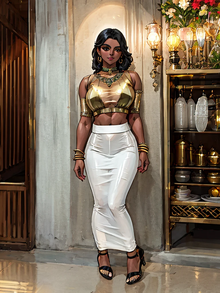 beautiful dark skinned indian bimbo ifbb bimbo, reflective gold shiny bra, translucent white top, bra visible through clothes, iridescent high-waisted sheer medium_lpskirt