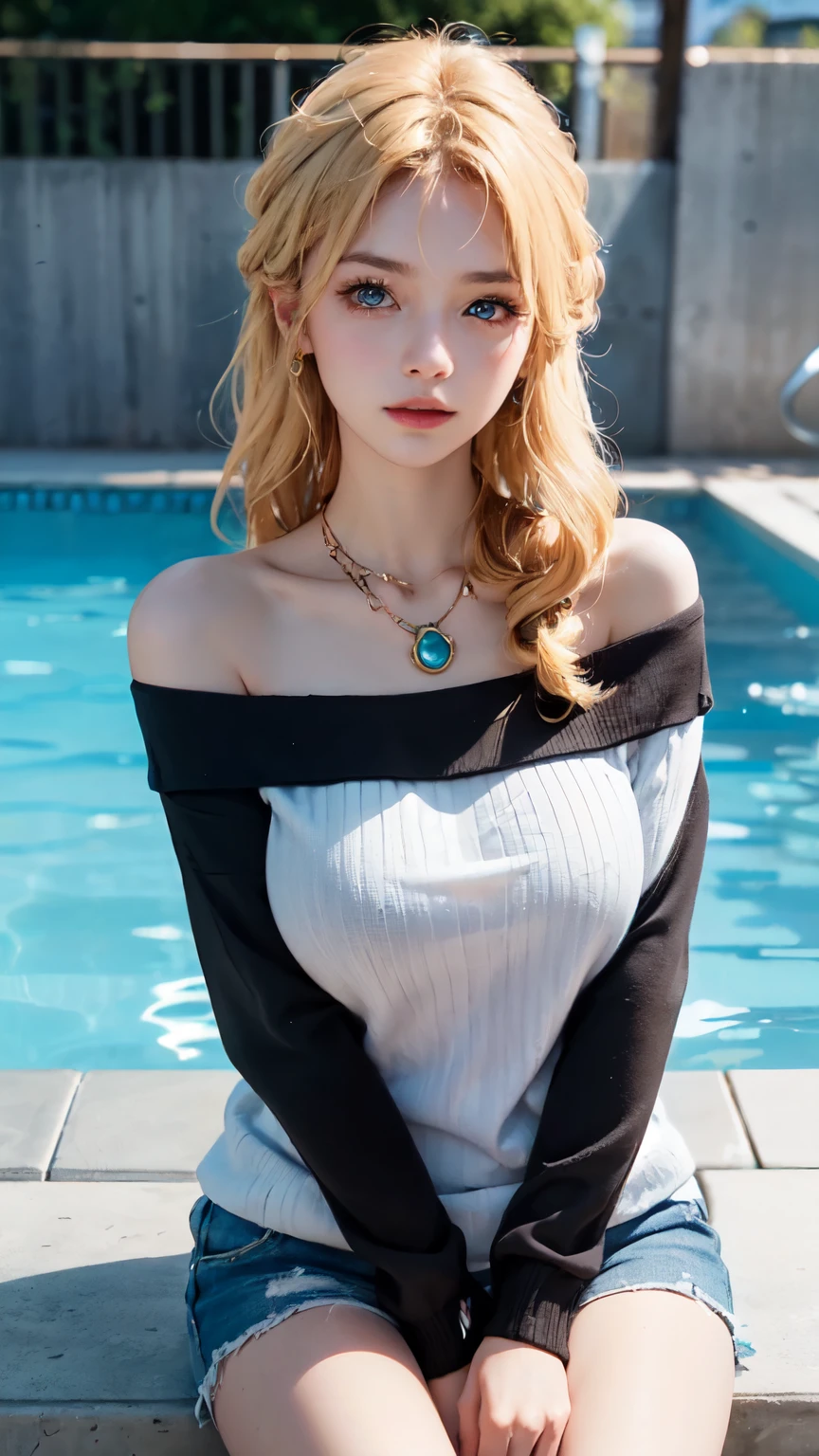 1girl in，Age 19，sitting at the edge of pool，solo，blond、long hair、curls，huge breasts，looking at the audience，blond，bare shoulders，blue eyes，jewelry，whole body，necklace，off-the-shoulder shirts，sweater，Reality，sexy，Upper body shot