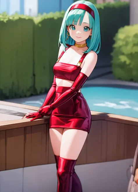 masterpiece, best quality, best quality, lifelike, perfect anatomy, perfect face, perfect eyes,
aqua hair, brabladbgt, red headband, red gloves, Red cropped top,  blue eyes, skirt, hoop earrings, collar, 1 girl, outdoor, sexy pose