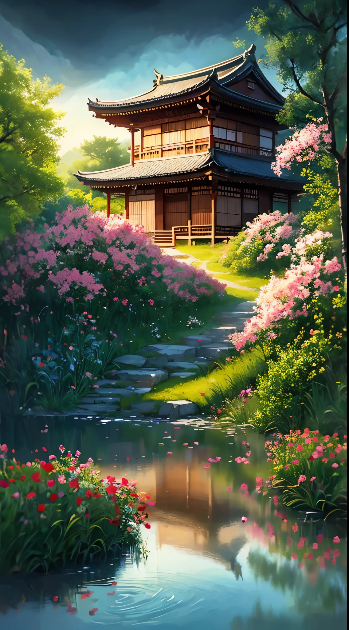 painting of a japanese house in a forest with a pond, beautiful digital artwork, andreas rocha style, inspired by Andreas Rocha, beautiful digital painting, digital painting of a pagoda, by Yang J, zen temple background, stunning digital painting, flowers, gorgeous digital painting, very beautiful digital art, a beautiful artwork illustration, quiet and serene atmosphere, japanese art style, serene illustration