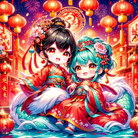 Continue with the enchanting and vibrant style of ancient Chinese folklore, depicting a younger, approximately 2-year-old little...