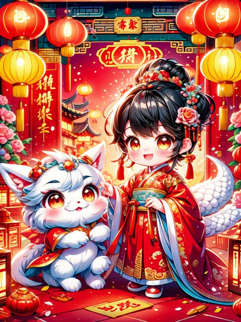 Continue with the enchanting and vibrant style of ancient Chinese folklore, depicting a younger, approximately 2-year-old little...