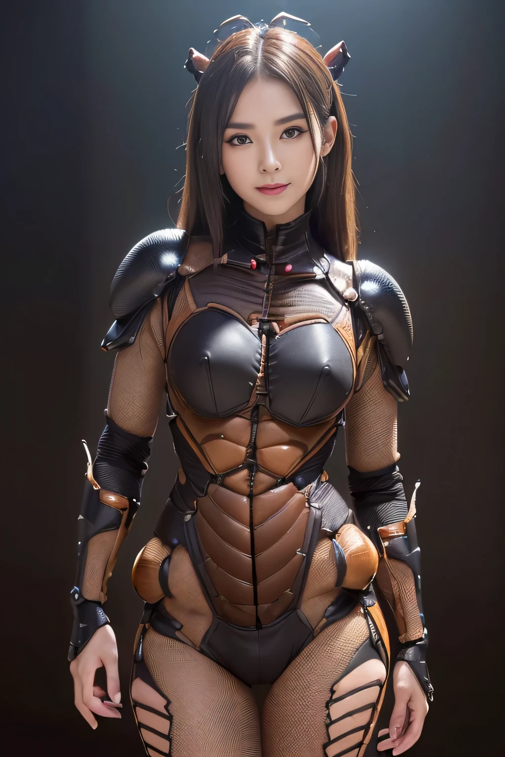 (High resolution,masterpiece,highest quality,Very detailed CG, anime, official art:1.4), realistic, photograph, amazing detail, all complicated, luster and luster,great many layers, 8k wallpaper, 3D, sketch, cute, figure,( alone:1.4), perfect female proportions,villain&#39;s daughter, (Fusion of dark brown cockroach and lady:1.4), (brown cockroach form lady:1.2), (brown cockroach woman:1.2), (Fusion:1.2), (alone:1.4), (evil smile:1.2), muscular, abs, (Cockroach brown exoskeleton bio insect suit:1.4), (Cockroach brown exoskeleton bio insect armor:1.2), (brown transparent cockroach feathers:1.4), (brown cockroach antenna:1.3),