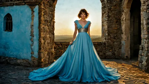 beautiful young lady (milha Jovovich), (22 anos), light cerulean blue long dress, de corpo inteiro,  em um mundo de fantazia cas...