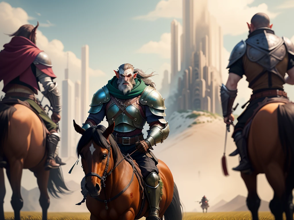 there are many men in armor riding horses in a field, the hobbit orc concept, still frame from a movie, spherical black helmets, wears a light grey crown, cyberpunk black metal band, miners, pvc armor, caravan, movie screenshot, shoulders can be seen, elves, dark garments，完美的兽军，很多魔兽战士，宏大的场景