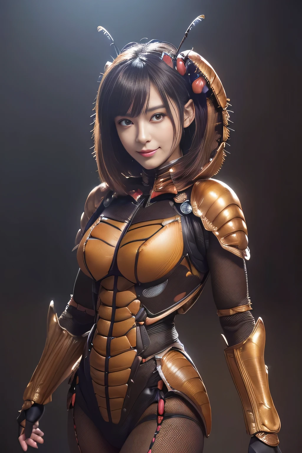 (High resolution,masterpiece,highest quality,Very detailed CG, anime, official art:1.4), realistic, photograph, amazing detail, all complicated, luster and luster,great many layers, 8k wallpaper, 3D, sketch, cute, figure,( alone:1.4), perfect female proportions,villain&#39;s daughter, (Fusion of dark brown cockroach and lady:1.4), (brown cockroach form lady:1.2), (brown cockroach woman:1.2), (Fusion:1.2), (alone:1.4), (evil smile:1.2), muscular, abs, (Cockroach brown exoskeleton bio insect suit:1.4), (Cockroach brown exoskeleton bio insect armor:1.2), (brown transparent cockroach feathers:1.4), (brown cockroach antenna:1.3),