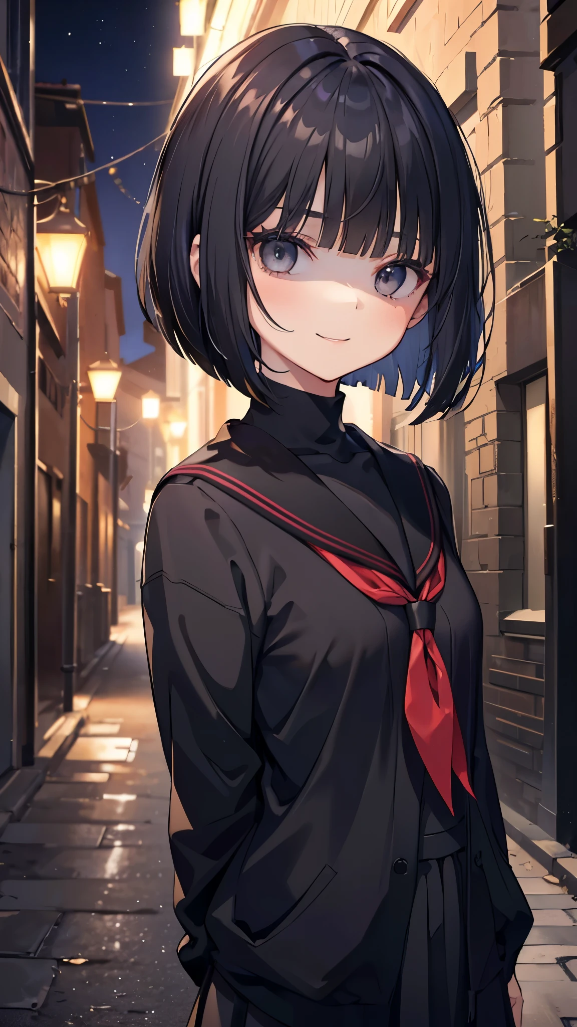 (8K、Highest image quality、highest quality、masterpiece)、detailed face、1 girl、black hair、bob cut、blunt bangs、gray eyes、evil smile、shaded face、Moderate chest、turtleneck、((black serafuku))、black cardigan、Cross your arms behind your back、Back alley background at night