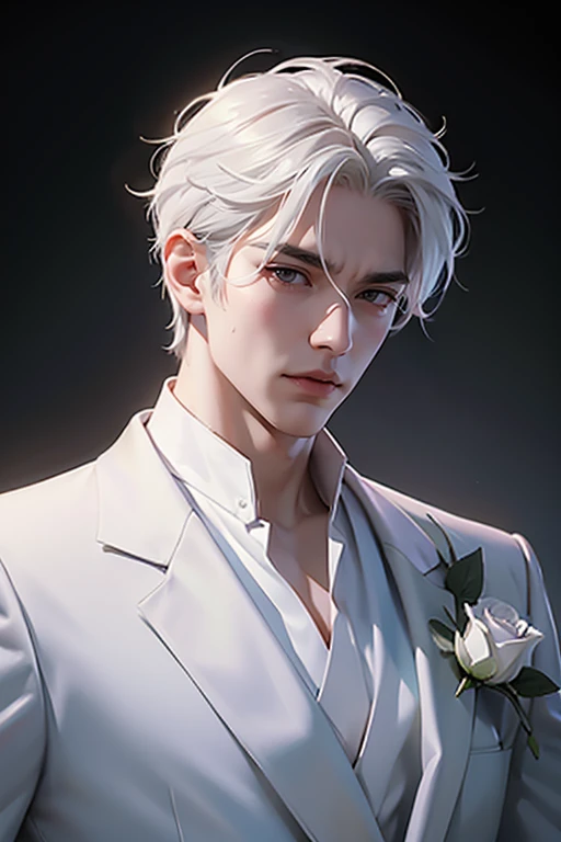 Hay un hombre con cabello blanco y un traje blanco sosteniendo una rosa., by Yang J, ig model | artegerm, Deidad de pelo blanco extremadamente detallada, hermoso príncipe andrógino, neoartcore y charlie bowater, Arte épico exquisito de personajes masculinos, acercándose a la perfección, tomadas con Sony A7 IV para calidad de imagen HD, oficina