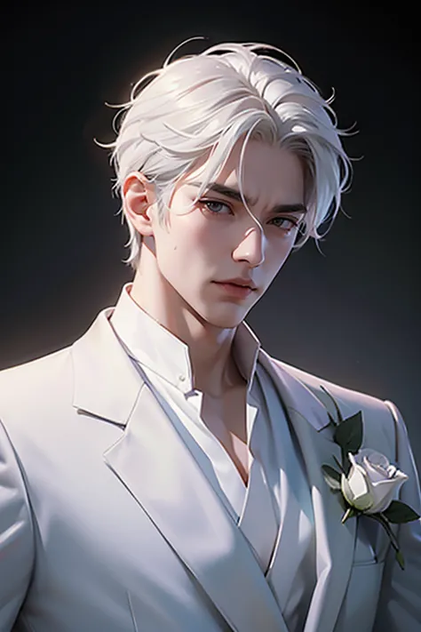 there is a man with white hair and a white suit holding a rose, by Yang J, ig model | artgerm, extremely detailed white haired d...