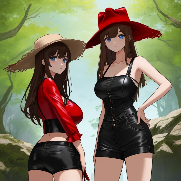 with a girl、beautiful girl、Very cute and beautiful with a girl、outer、narrow eyes、long eyelashes、brown hair、Brown hair length、hair length、bangs、Blue eyes、huge breasts、Huge ass、thin waist、red leather bustier、black leather shorts、Red Ten-Gallon Hat、