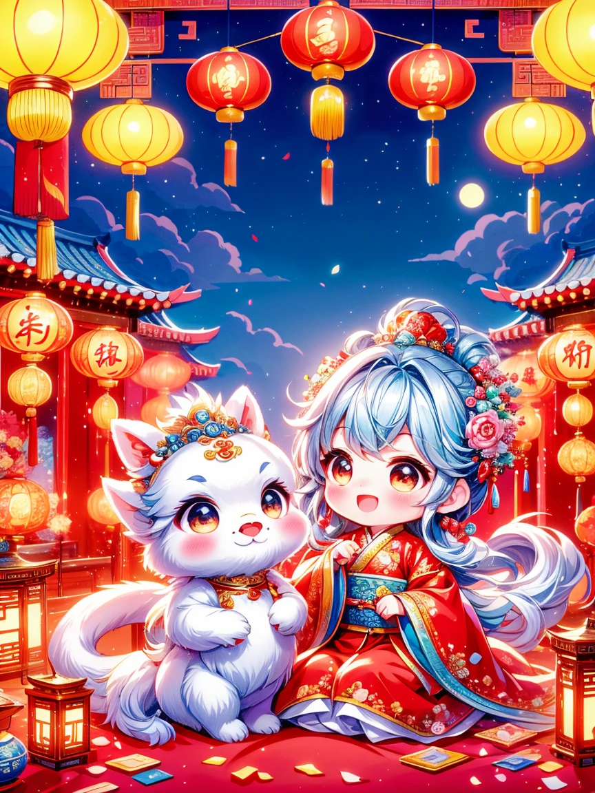 Continuing the charming and vibrant style of ancient Chinese folklore，depicts a young、little princess about two years old。This scene features an extremely cute toddler princess，There is also a furry one next to it、Fabulous Chinese dragon。Chinese New Year celebrations in the background，full of fireworks、Traditional festival elements such as firecrackers and red Spring Festival couplets。The atmosphere should be joyful and magical，The focus is on the colorful、During the lively Spring Festival celebrations，An adorable interaction between a young princess and her mythical companion。The image should incorporate Chinese cultural elements，and adds a layer of cuteness，Emphasize the young and lovely nature of the princess。