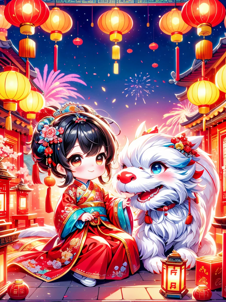 古代中国の民間伝承の魅力的で活気のあるスタイルを継承，若い、2歳くらいの小さなお姫様。このシーンには、とてもかわいい幼児の王女が登場します，隣には毛むくじゃらの子もいる、素晴らしい中国の龍。背景には中国の旧正月のお祝い，の満点の花火、爆竹や赤い春節連句などの伝統的な祭りの要素。雰囲気は楽しくて魔法のようでなければならない，色彩豊かな、賑やかな春節のお祝いの期間中，若い王女と彼女の神話上の仲間との愛らしい交流。画像には中国の文化的要素が組み込まれている必要がある，可愛らしさが加わります，王女の若さと愛らしさを強調する。