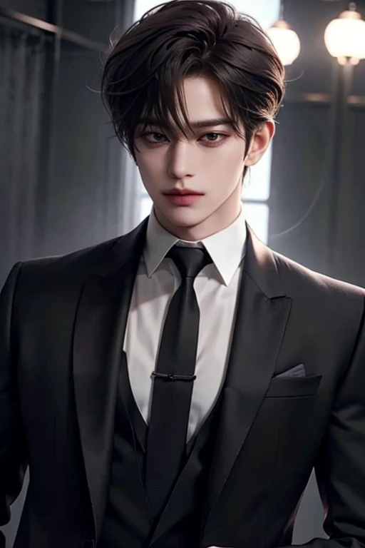 nightclub，Bar setting，Man, Handsome, Korean bad boy, Inside the bar，（blacksuit），sharp look（White color blouse,）， （black necktie），Black pantsuit， Ultra detail,cinematric light, 独奏,standing on your feet，Riman，,Manhwa Style,,brunette color hair,disheveled bangs,Emoji hairstyle,Pose,（Side shooting）