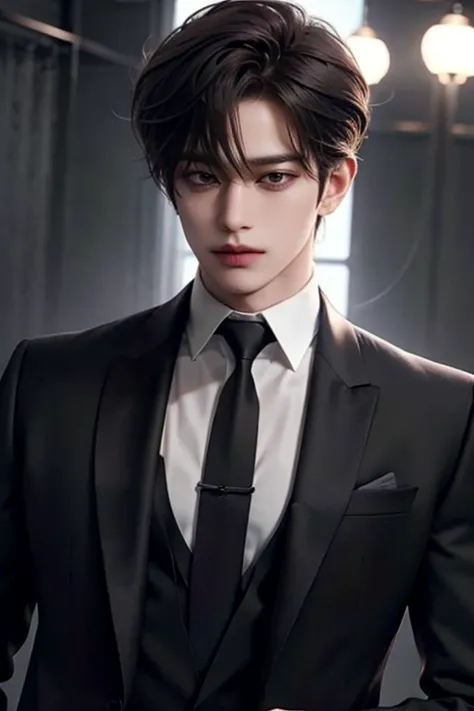 nightclub，bar setting，man, handsome, korean bad boy, inside the bar，（blacksuit），sharp look（white color blouse,）， （black necktie）...