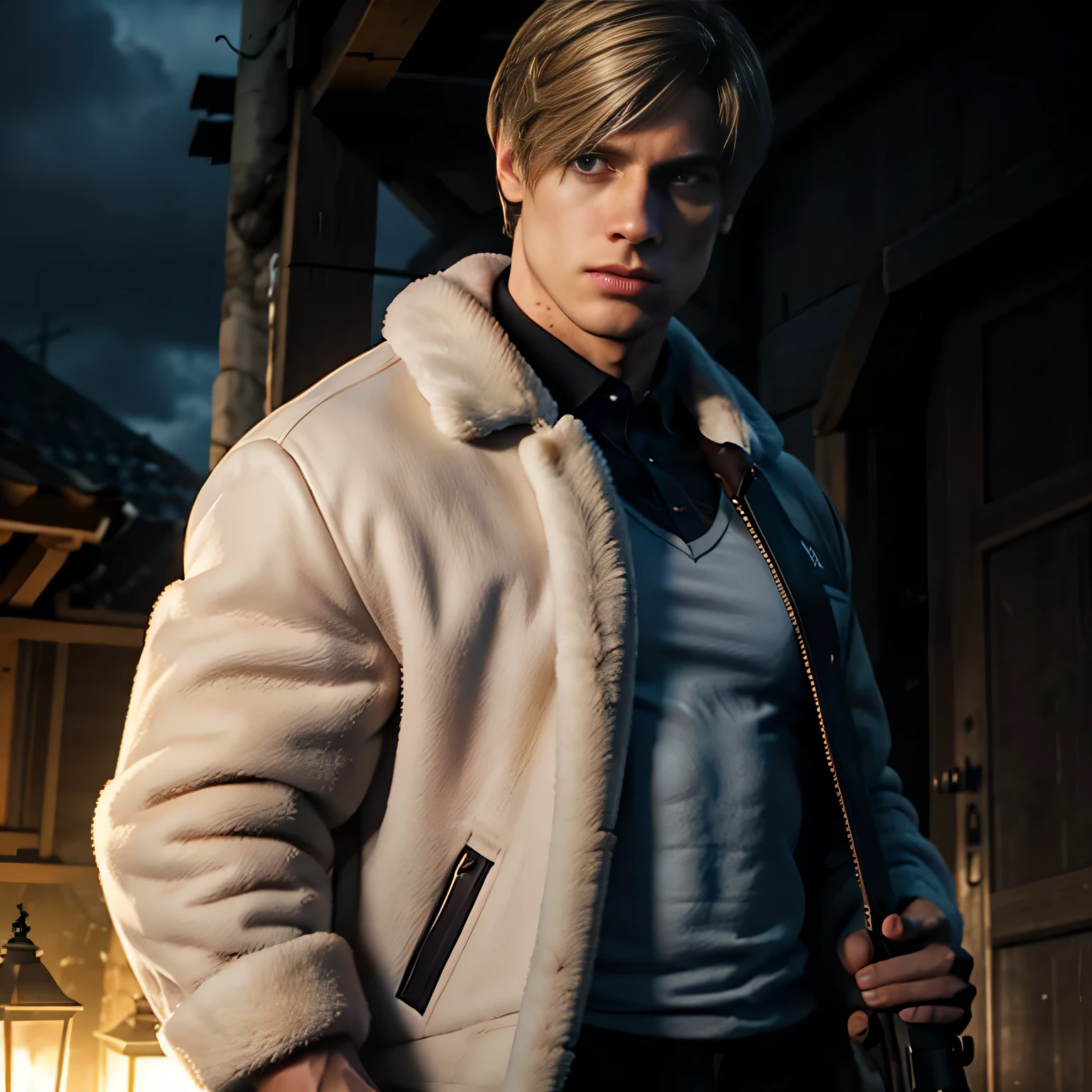 1 man, flat style, illustration, young man, 27 year old, Leon S. Kennedy from Resident evil 4, face of Eudard Badaluta, solo, white skin, muscular, lean muscle man, tall, hunk, wide shoulder, clean-shaven, light blond hair, curtain hairstyle, dark brown cold long sleeve leather jacket with white fur on the neck, black color T shirt inside, black pant, holding a pistol on right hand, viewer looking, high resolution:1.2, best quality, upper body shot, close up shot, cloudy sky and old Spanish village background, nightime, low camera angle, volumetric lighting, depth of field, shadow