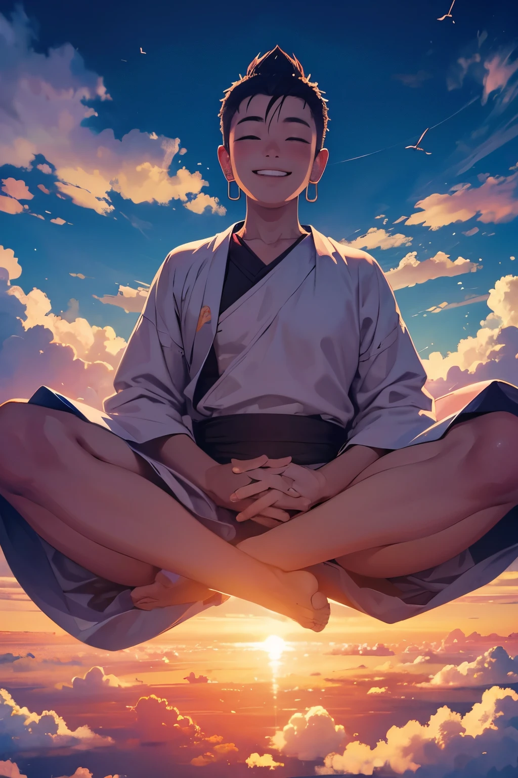 Best image、Buddha floating in the sky、above the clouds、smiling、wearing clothes