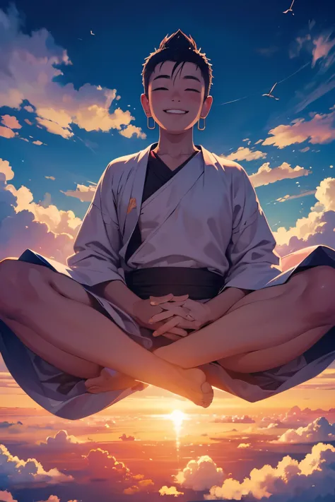 Best image、Buddha floating in the sky、above the clouds、smiling、wearing clothes