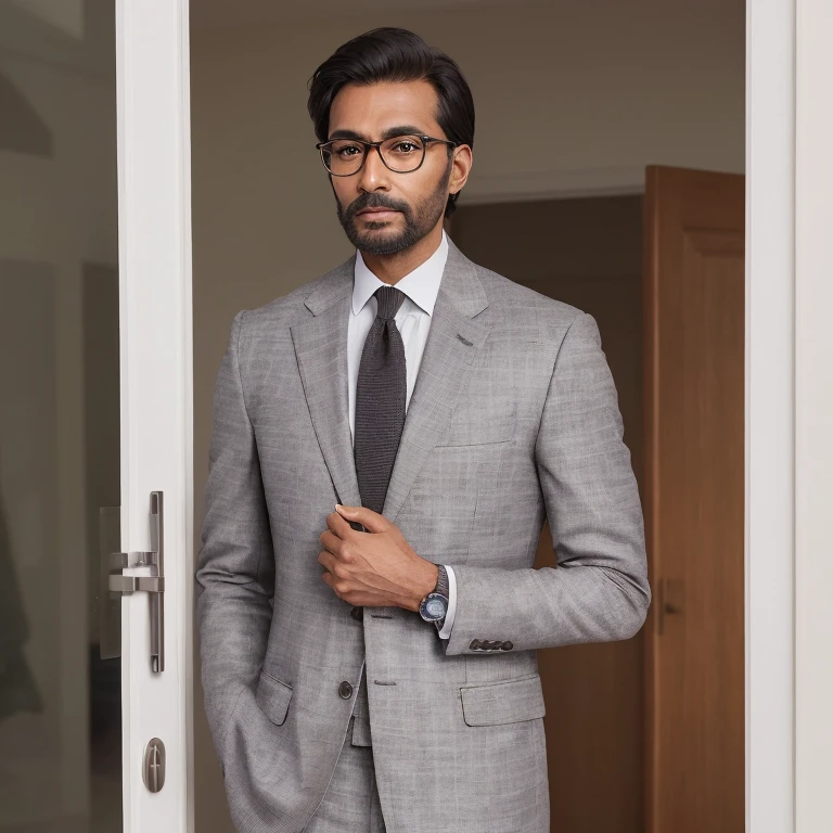 Realistic,  (masterpiece, best_quality:1.1), a tall man indian wearing glasses  standing in front of a glass door with a cross on it, zegna, Drop+7, Double vents, Notch lapels, Flap pockets, 2-button closure, Fully lined, Deconstructed, 100%+Wool, Grey, suits, young, wearing a undercloth and tie, oxford knot