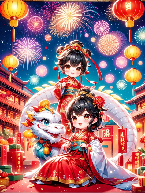 Extremely cute toddler princess, Chinese dragon, Chinese New Year celebration, full of traditional holiday elements like firewor...