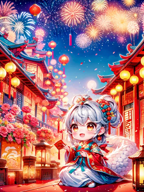 Extremely cute toddler princess, Chinese dragon, Chinese New Year celebration, full of traditional holiday elements like firewor...