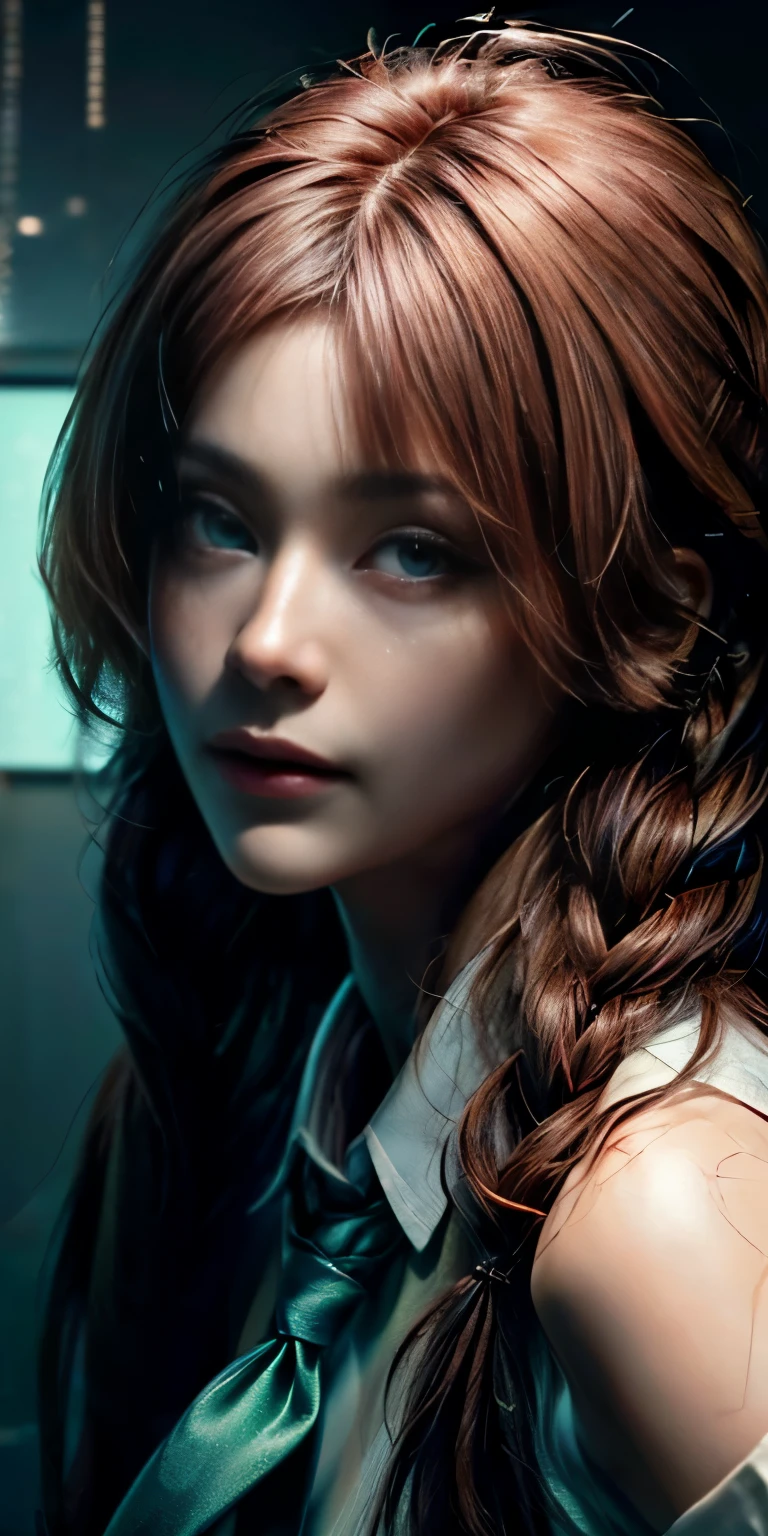 close-up portrait, masterpiece, (photorealistic:1.4), best quality, beautiful lighting, Engfa, (red hair)+(long braided hair)+(bangs), green eyes, glowing eyes, (ringed eyes), (white shirt), (necktie),Prepare to be amazed by the astonishing level of detail in this ultra-realistic 10k high resolution artwork, where the fusion of Digital Painting, Anime Art, (masterpiece: 1.5) (photorealistic: 1.1) (bokeh) (best quality) (detailed skin texture pores hair: 1.1) (intricate) (8k) (HDR) (wallpaper) (cinematic lighting) (sharp focus )