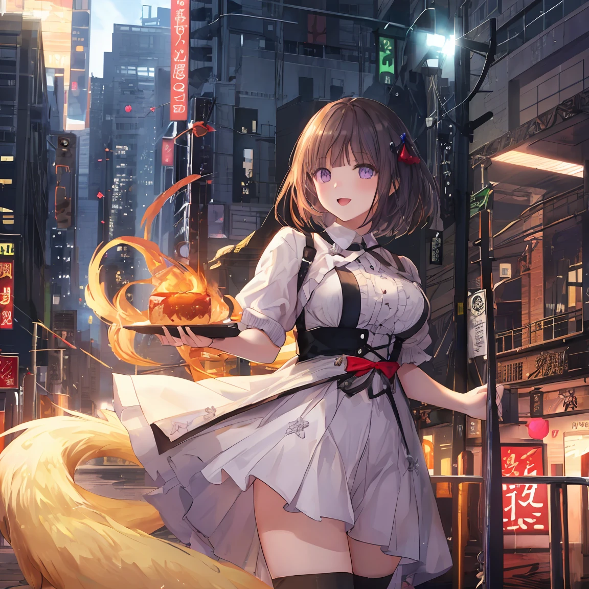 nine tailed fox, {{{one girl}}}, beautiful detailed girl, game CG, One curl outside, short bob hair, light bege hair, purple eyes,stylish accessories solo, breast enhancement, medium short, woman, Take-out, laughter, big breasts,Black knee-high,open your mouth, Daytime city, wonderful, beautiful and fine eyes, highest quality, super delicate,Masseter muscle part,highest quality,(official art、highest quality、Unity 8k wallpaper、32K、masterpiece、super detailed、Super high resolution、realistic、Photoreal:1.2)、(cinematic lighting:1.2)、fire glow effect、The grainiest shadow of the film、side light、side shot、(Super detailed and intricate 3D rendering)