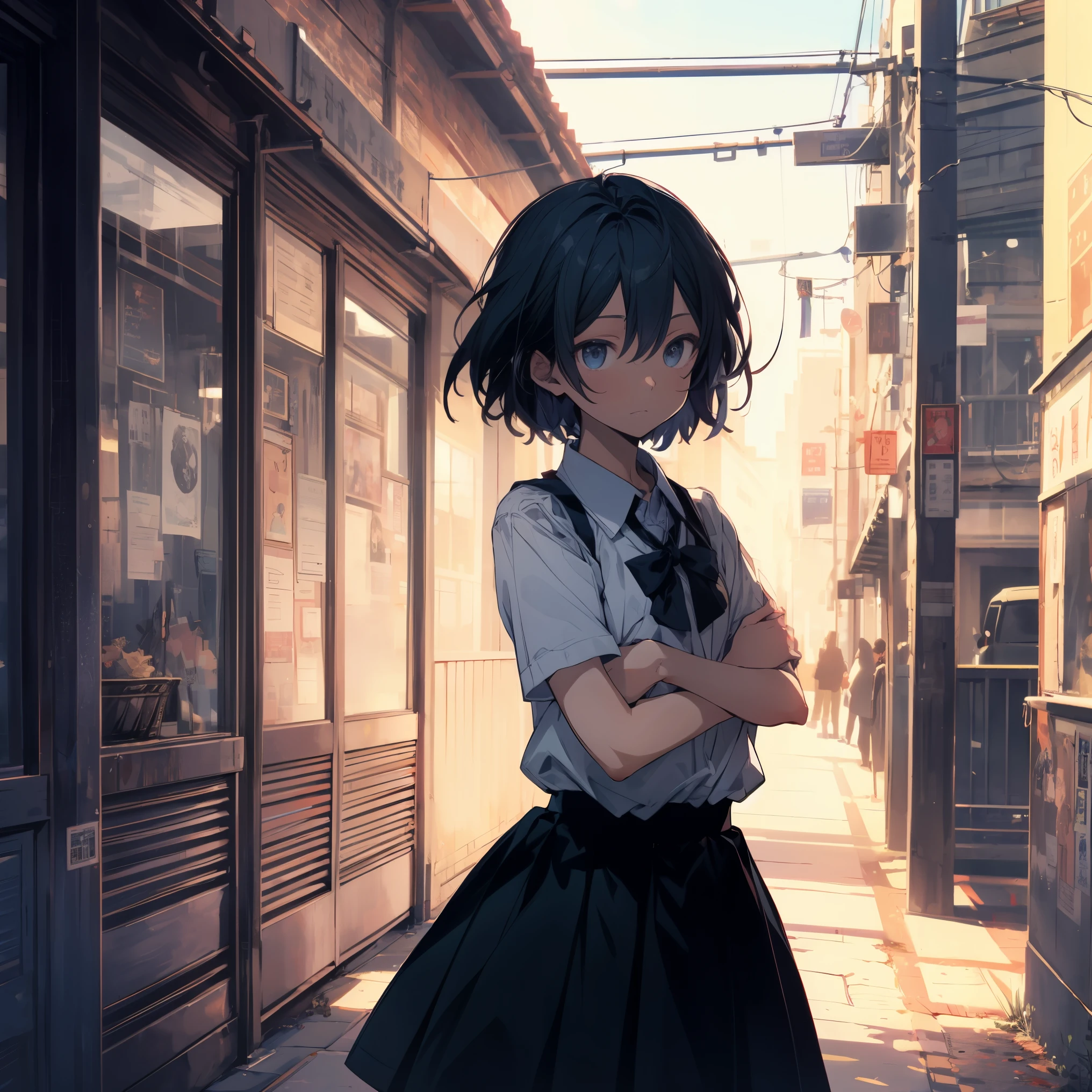 Deus da Arte Super Qualidade Superior, super detalhado, Alta resolução,Estilo Xin Haicheng, Estilo de arte fofo de anime, best anime 8K konachan wallpapers, vencedores do concurso pixiv, anatomia perfeita, descansar,(Please draw a girl who goes to school sozinho and sleepy. ),descansar, Uma estudante surreal, (sozinho,Lolita, criança, :1.3),Membros intactos, dedo completo,um estudante do ensino médio, charme andrógino, (cabelo muito curto), Cabelo bagunçado, Peito plano, bundinha, virilha, pequenos olhos negros,olhos lindos e delicados, A íris e a pupila são bem proporcionadas, Olhar enojado, Alta resolução详细的头发, Usando uniforme escolar, (saia), No trajeto escolar. descansar,Pele super fina, A melhor iluminação de artistas famosos, 8K, ilustração,