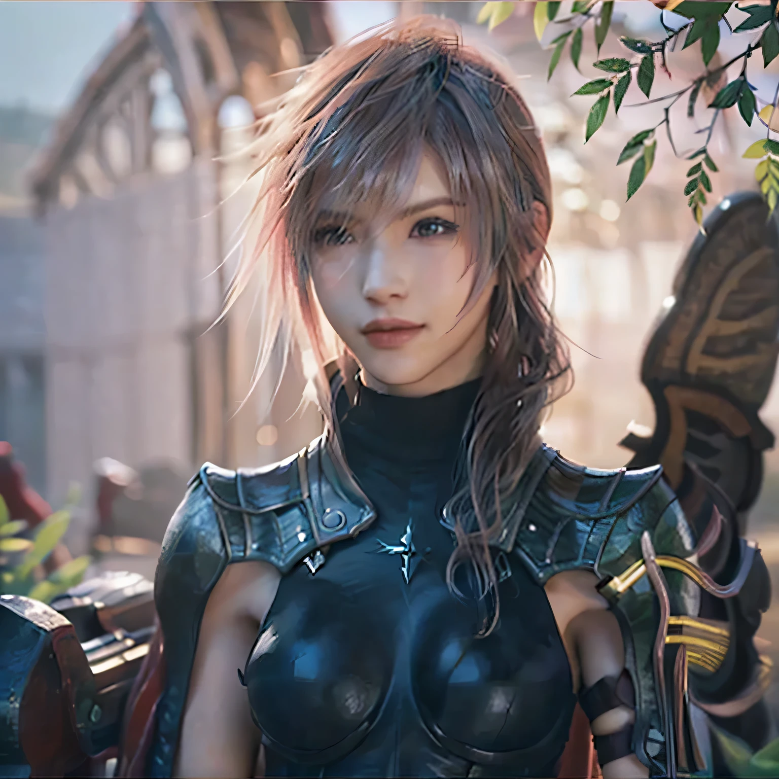 Trending on ArtStation, Trending on CGSociety, Intricate, High Detail, Sharp Focus, f 1.8, Dramatic, starry night sky, Lightning of Final Fantasy XIII, Lightning's original Final fantasy XII costume, red and black themed costume, looking at the camera, closed-mouth smile,20 years old, mature looking, Realistic Art of Drawing by Midjourney and Greg Rutkowski, Sketch, Masterpiece, Best Quality, short black hair, Very Detailed, 1female, Half-body, head to bust image scope, standing position, Beautiful Meticulous Eyes, Cute Face, Bust, big bossoms, Beautiful Meticulous Face, (Botanical Illustration: 1.5), no pornographical exposure, bigger breasts