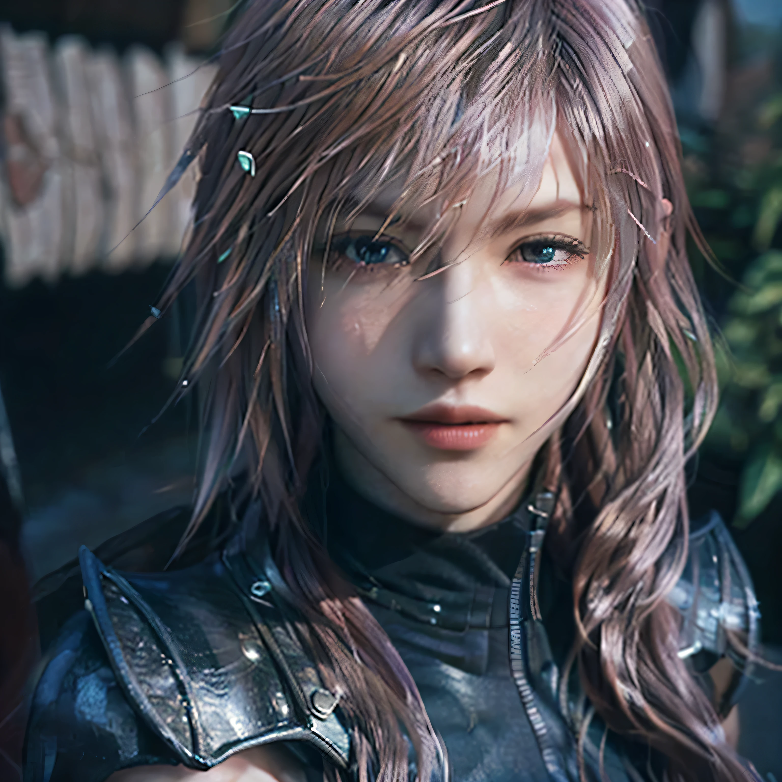 Trending on ArtStation, Trending on CGSociety, Intricate, High Detail, Sharp Focus, f 1.8, Dramatic, starry night sky, Lightning of Final Fantasy XIII, Lightning's original Final fantasy XII costume, red and black themed costume, looking at the camera, closed-mouth smile,20 years old, mature looking, Realistic Art of Drawing by Midjourney and Greg Rutkowski, Sketch, Masterpiece, Best Quality, short black hair, Very Detailed, 1female, Half-body, head to bust image scope, standing position, Beautiful Meticulous Eyes, Cute Face, Bust, big bossoms, Beautiful Meticulous Face, (Botanical Illustration: 1.5), no pornographical exposure, bigger breasts