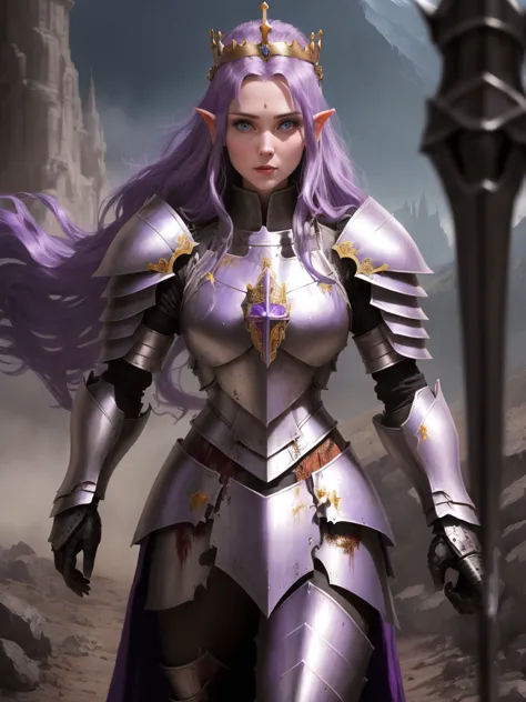 a beautiful female general，Princess Crown，Purple hair and blue eyes，Crusader Knight Armor，Lord of the Rings movie concept，Still ...