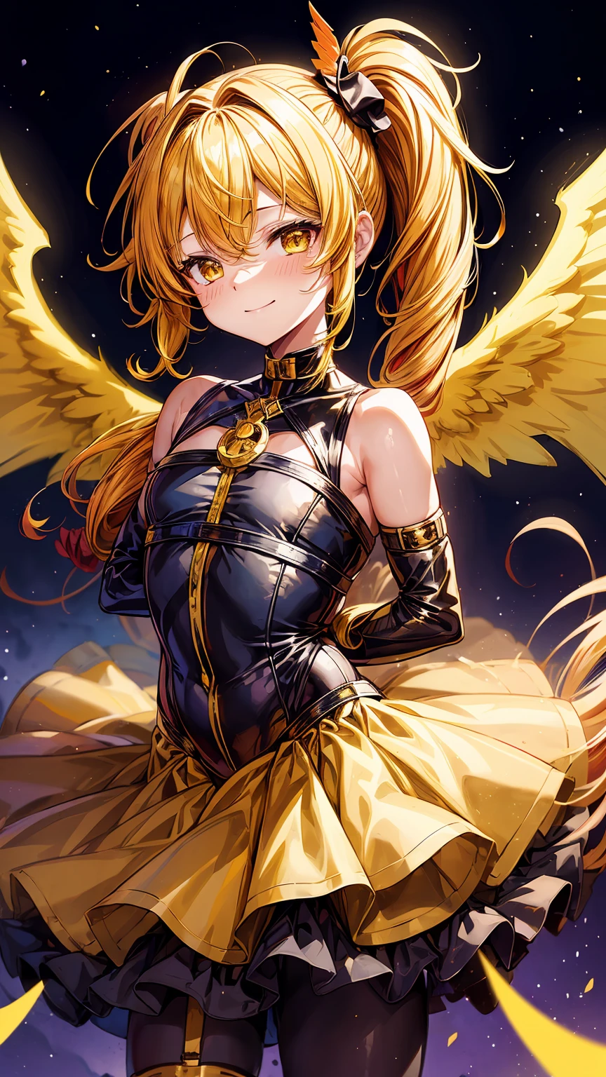 Sfw, 1,solo, gently smile,(yellow hair),curly hair,gold eyes,((side ponytail)),black bondage,very cute,((with red angel wings on his back)),luminous effect,in the night sky,twinkle,best quality, high quality, masterpiece,starry sky