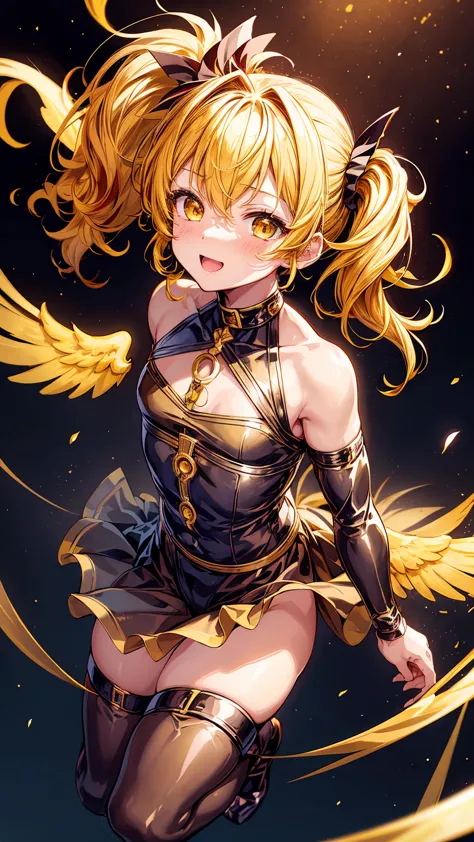 sfw, 1little boy,solo, gently smile,(yellow hair),curly hair,gold eyes,((side ponytail)),black bondage,very cute,((with red ange...