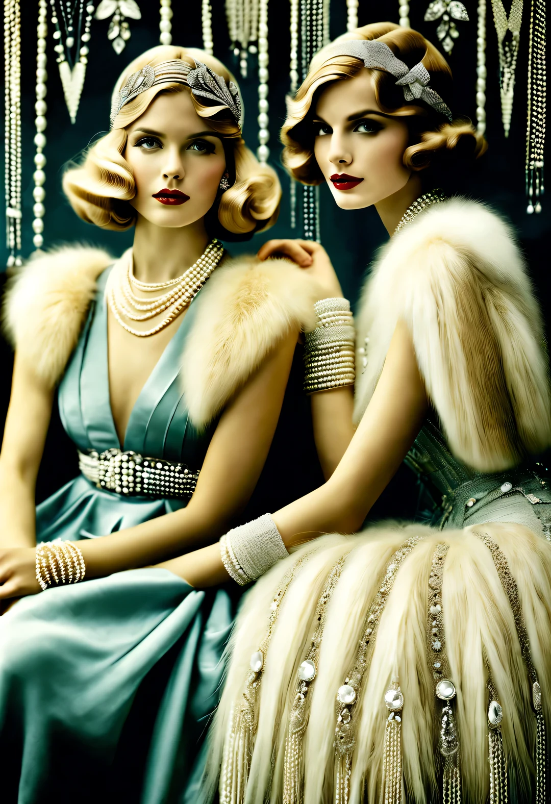 photography style, portrait，best quality,8k,high resolution,super detailed，super clear,Creative style artwork,classical,，
（ Two stylishly dressed girls sitting at coffee table looking out the window. Girl wearing high-end fur coat，Paired with blue gauze skirt.），gorgeous、Exquisitely crafted diamond rings and bracelets，tiara jewelry，vintage ，The atmosphere of the 1920s,  （blond：1.34），Fur coat has delicate texture，smooth visible velvet，Wear pearl jewelry，Advanced custom lace clothing，perfect fingers，（White skin），（Stacking accessories），
Luxurious and plump pearls，everything is clear，Composed of beads and brilliant diamonds，Pearls are usually round，（Each bead is the same size），Carefully selected、burnish，Smooth and delicate surface，Soft shine，Diamonds are the most dazzling part，They are cleverly mounted on metal frames，Contrast with pearls，Make the whole bracelet look noble and elegant，Dressed in 1920s fashion, 1920s hairstyles, 1 9 2 0 s style, 1 9 2 0 clothes, 1 9 2 0 s fabric style,