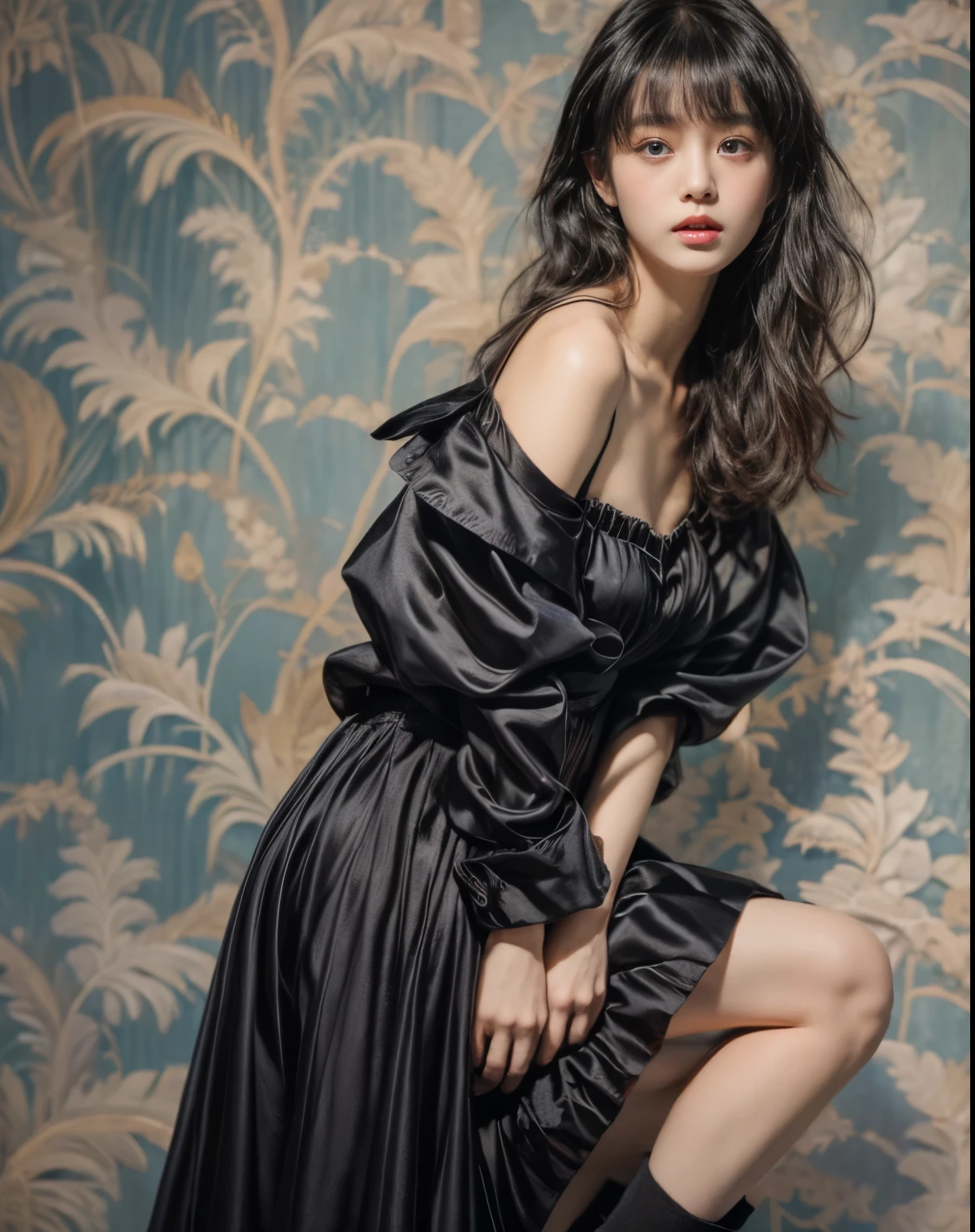 masterpiece、8K、32K、highest quality、(Detailed both eyes)、(cute japanese woman、bangs:1.3)、23 years old、1 girl、elegant、black hair、(olaroid photograph of:1.4)、(Black dress:1.4)