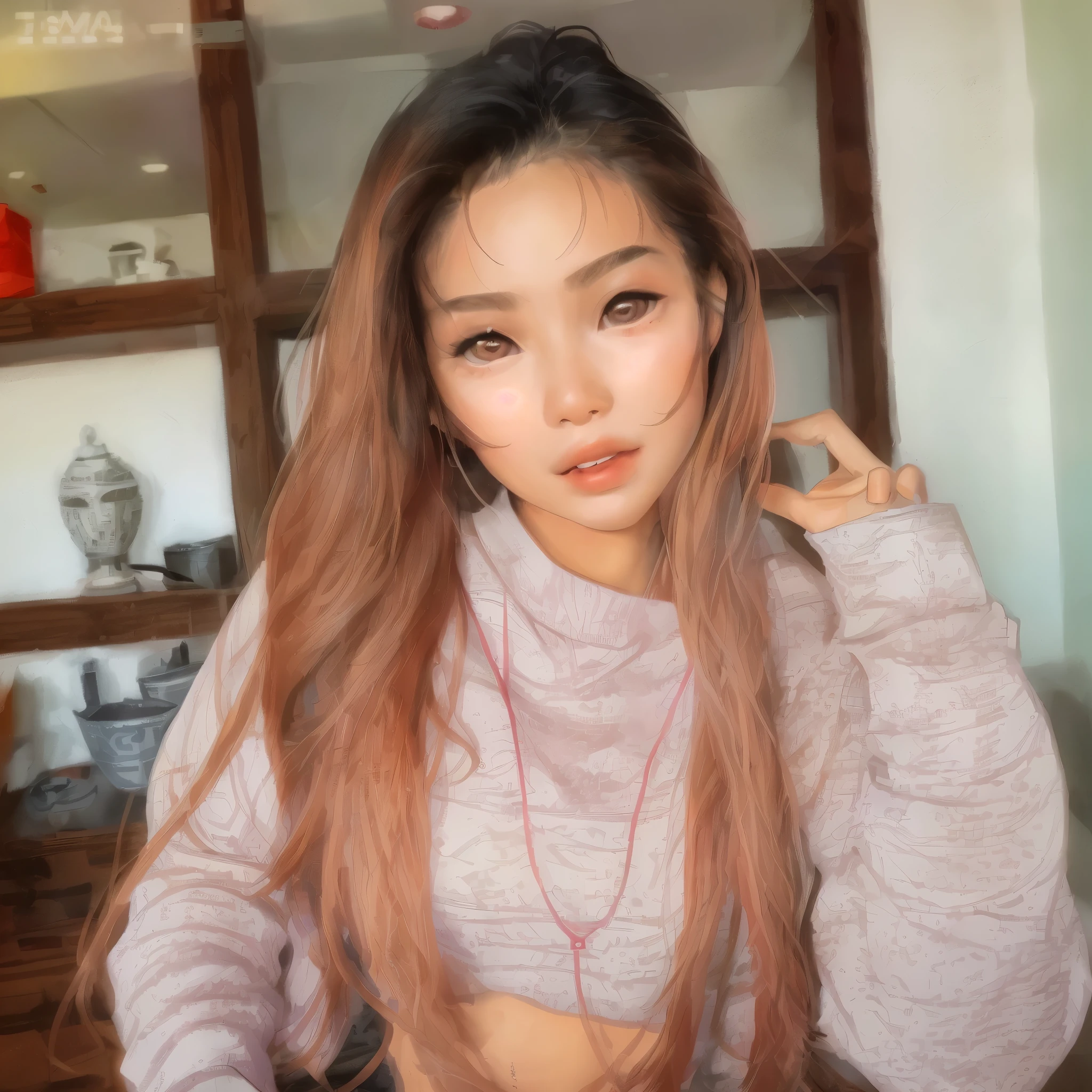 A close up of a woman with long hair wearing a pink top - SeaArt AI