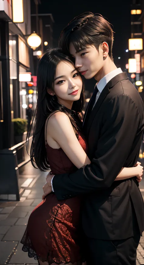 woman、male、25 years old，Hugging each other、A face that looks comfortable、city night view、