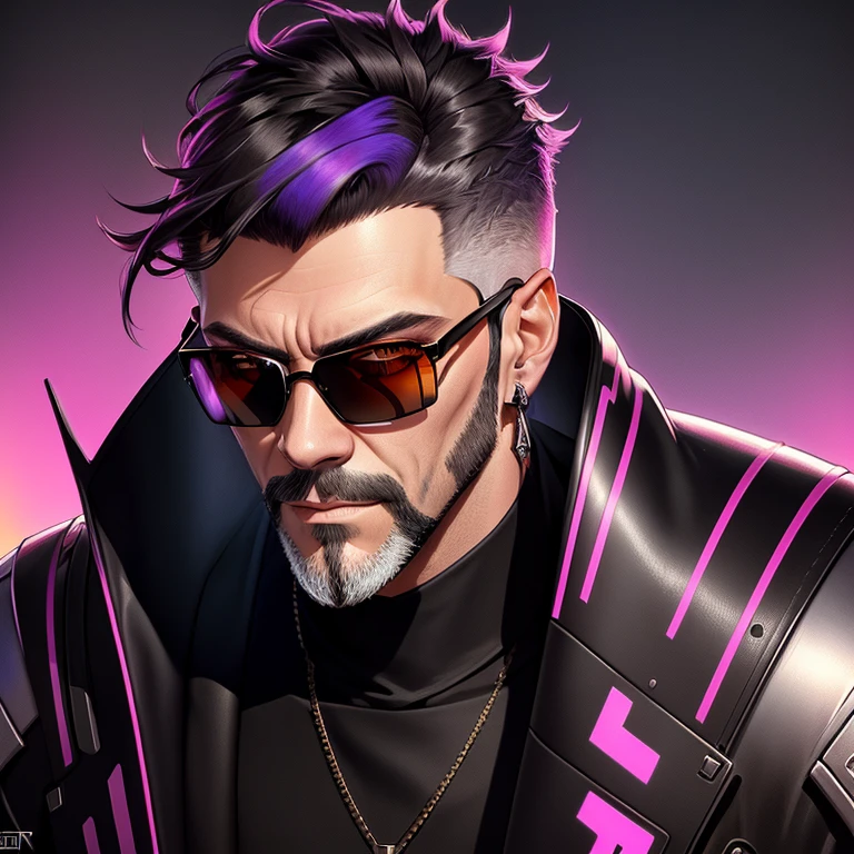 a man with short dark hair a grey beard and rayban sunglasses, cyberpunk art, funk art, stunning gradient colors, stylized portrait h 704, pompadour, twitch streamer, cold colors. insanely detailed, t-800, no watermark signature, in rich color, outrun