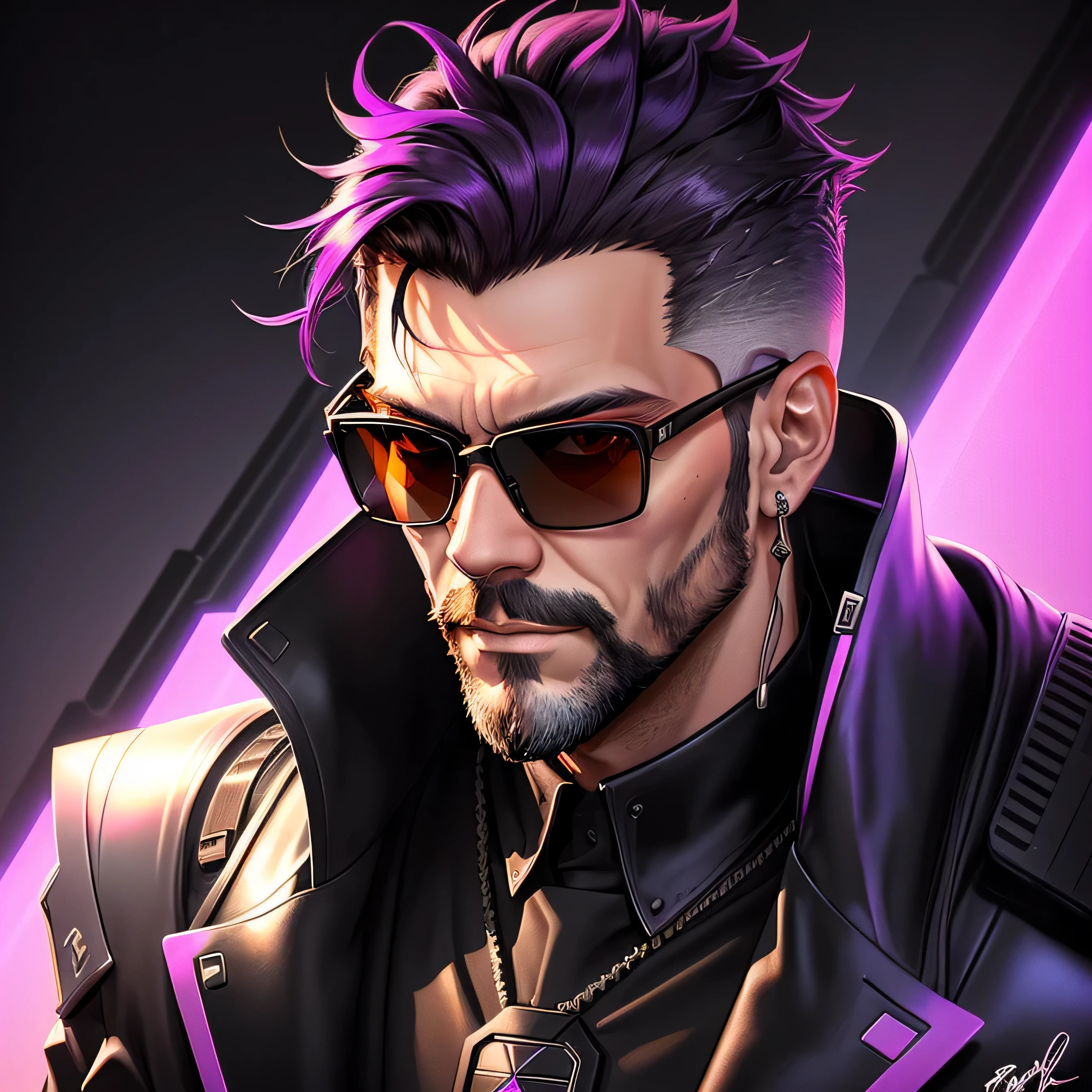 a man with short dark hair a grey beard and rayban sunglasses, cyberpunk art, funk art, stunning gradient colors, stylized portrait h 704, pompadour, twitch streamer, cold colors. insanely detailed, t-800, no watermark signature, in rich color, outrun