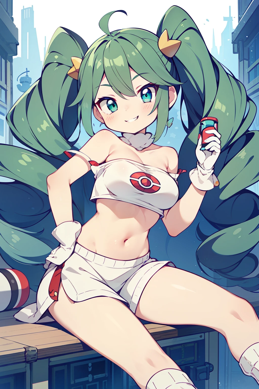 1girl in, (Solo:1.2), (Perfect body:1.1), (Best Quality:1.1), Cute Girl, official art, (Pokémon style:1.1), (Plain tube top:1.5), Tsuriformes, Sanpaku eyes, Narrow-eyed, emerald eyes, A dark-haired, length hair, large full breasts, Missis cart, Navel Ejection, You can see the valley, White long gloves, (Loose socks:1.3), (evil smile:1.2), (mesugaki:1.1), Pointed hair, Hair flowing sideways, drills twintails, I don't have anything in my hands, There is no one around,