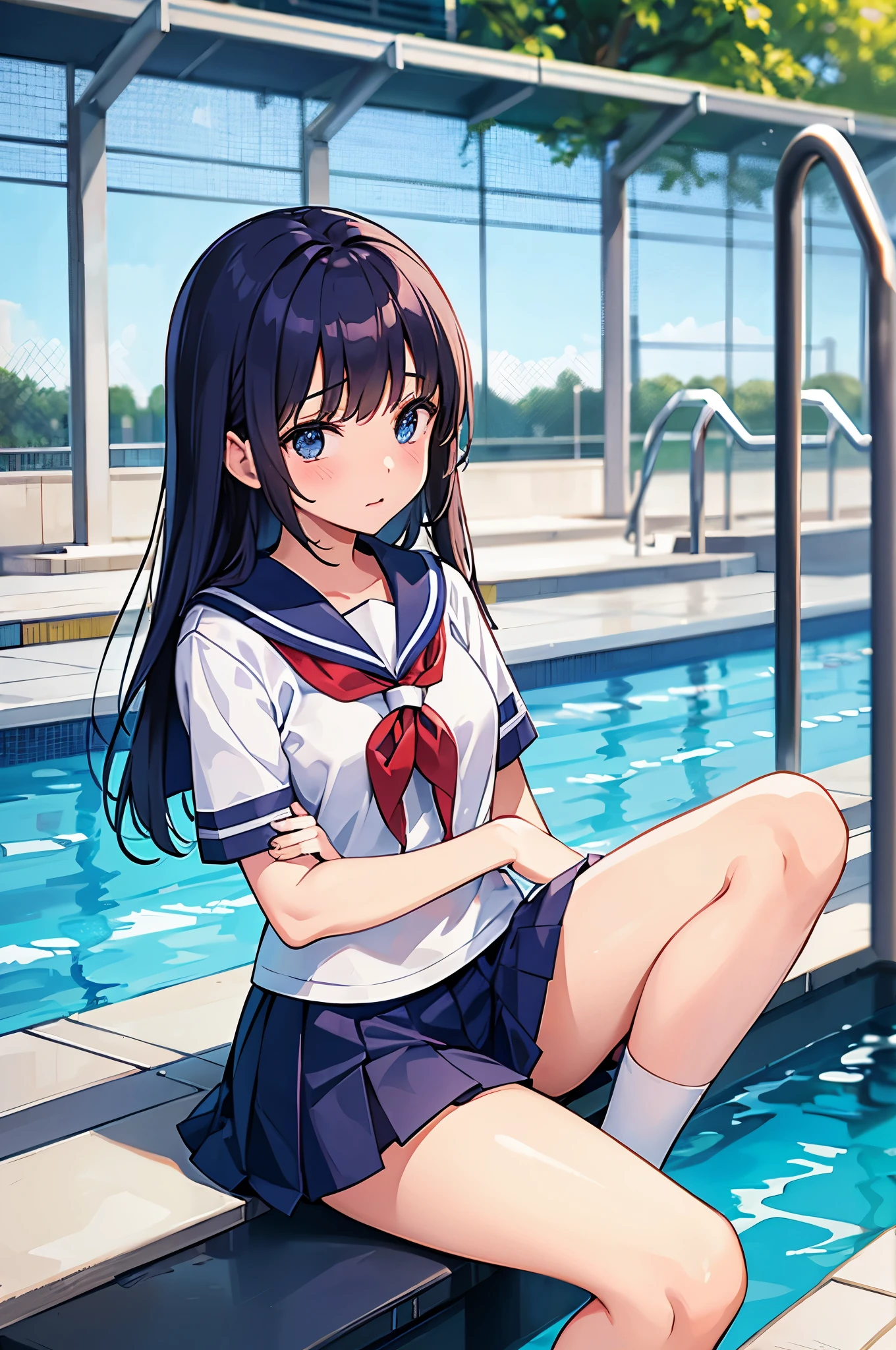 Anime girl sitting on the edge of a swimming pool - SeaArt AI