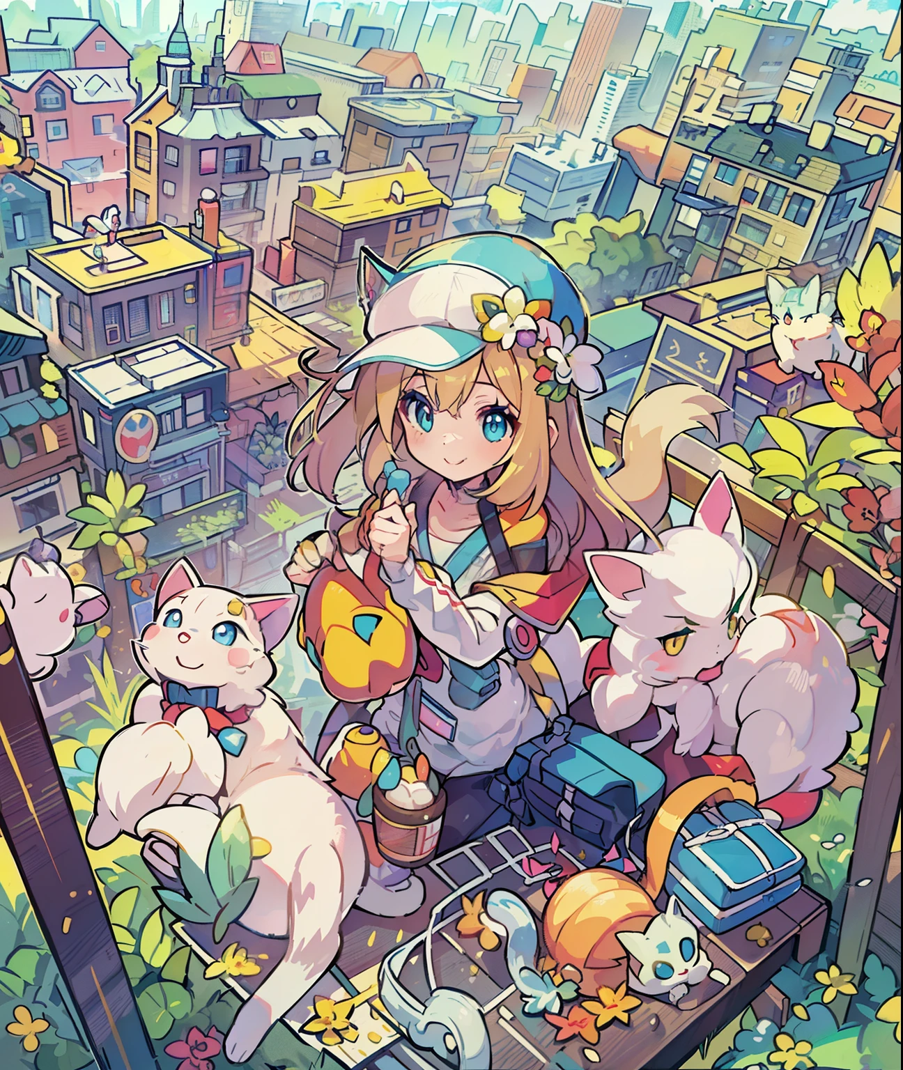 1girl in,A pokémon_The card,(top-quality), (high_quality), (Convoluted_Details), (ultra-detailliert), (illustratio), (Distinct_image),saito_naoki,city scenery、Rainbow View、With cats（（Cute cat１.５））